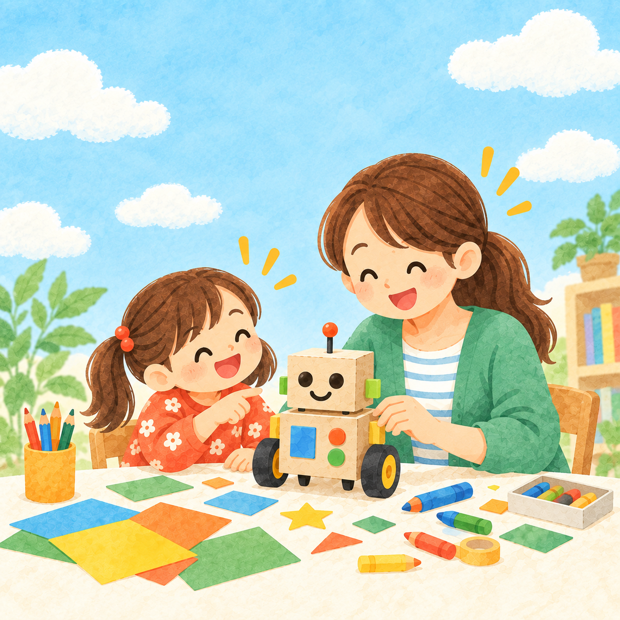 親子で工作ロボットを楽しむイラスト